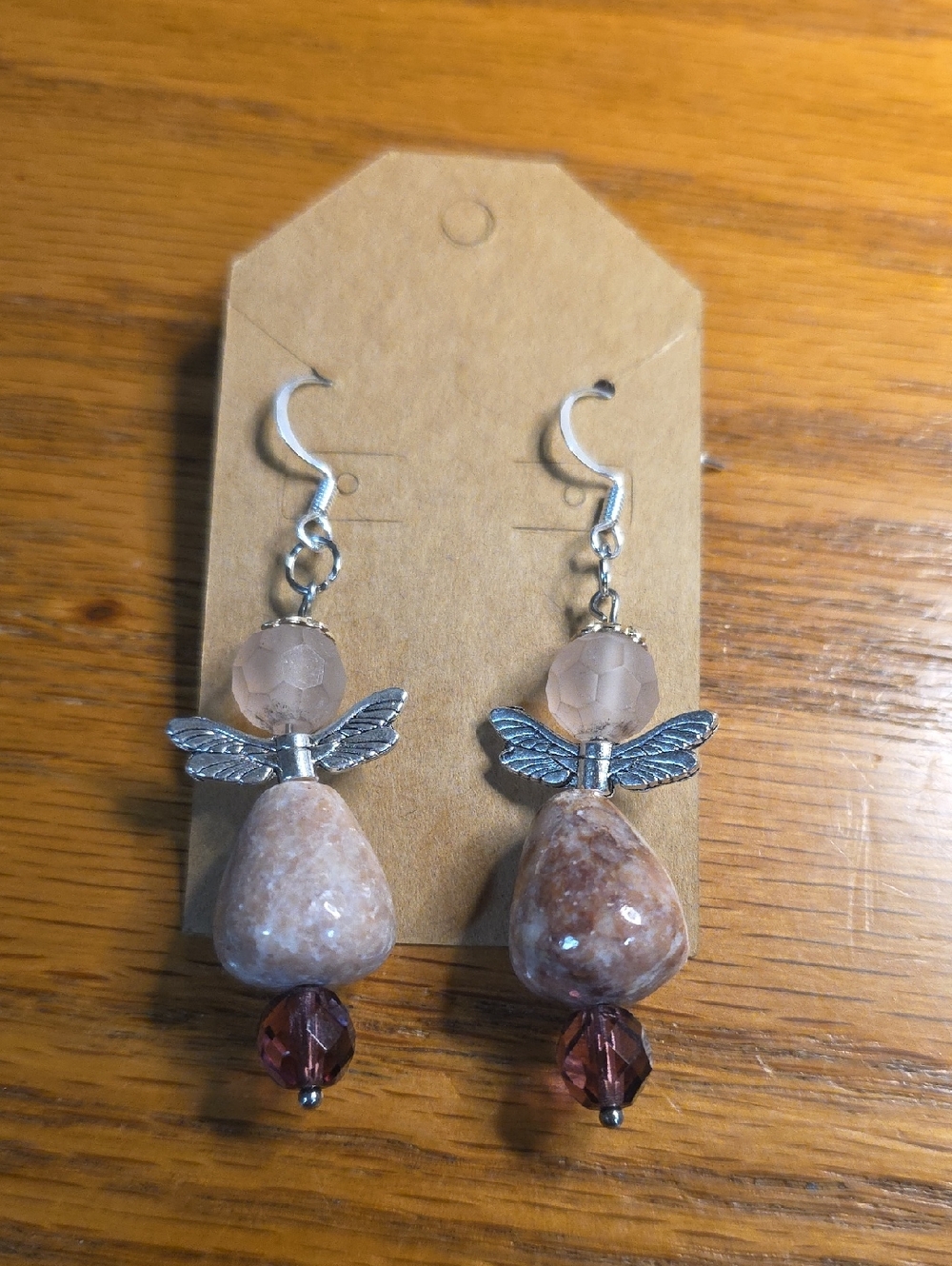 Handmade Pink Stone and Silver Dragonfly Dangle Earrings